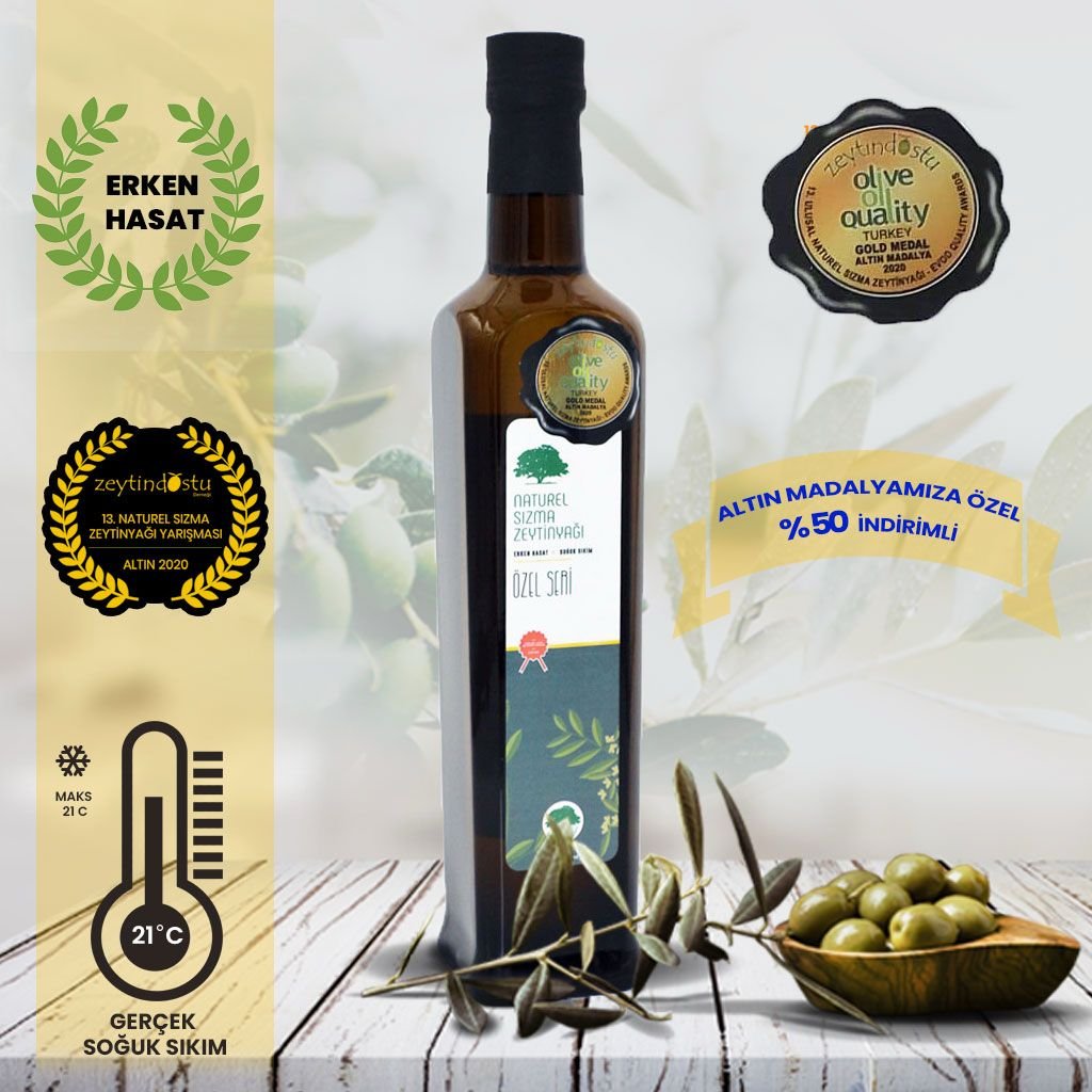 Premium extra virgin olive oil bottle with olives and quality label